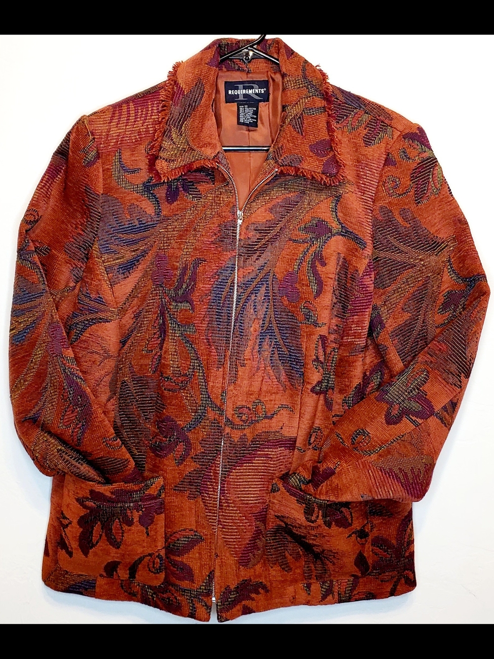 Requirements Womens Vintage Floral Tapestry Blazer Jacket Size 12  Zip Up Fringe